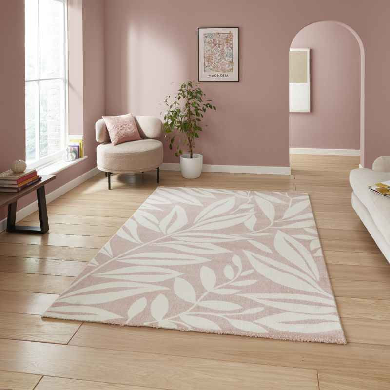 Sorral Leaves Modern Rugs by Catherine Lansfield in Rose Pink
