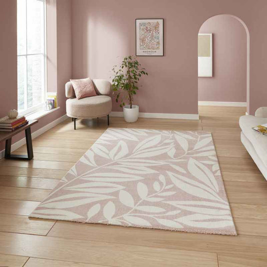 Sorral Leaves Modern Rugs by Catherine Lansfield in Rose Pink