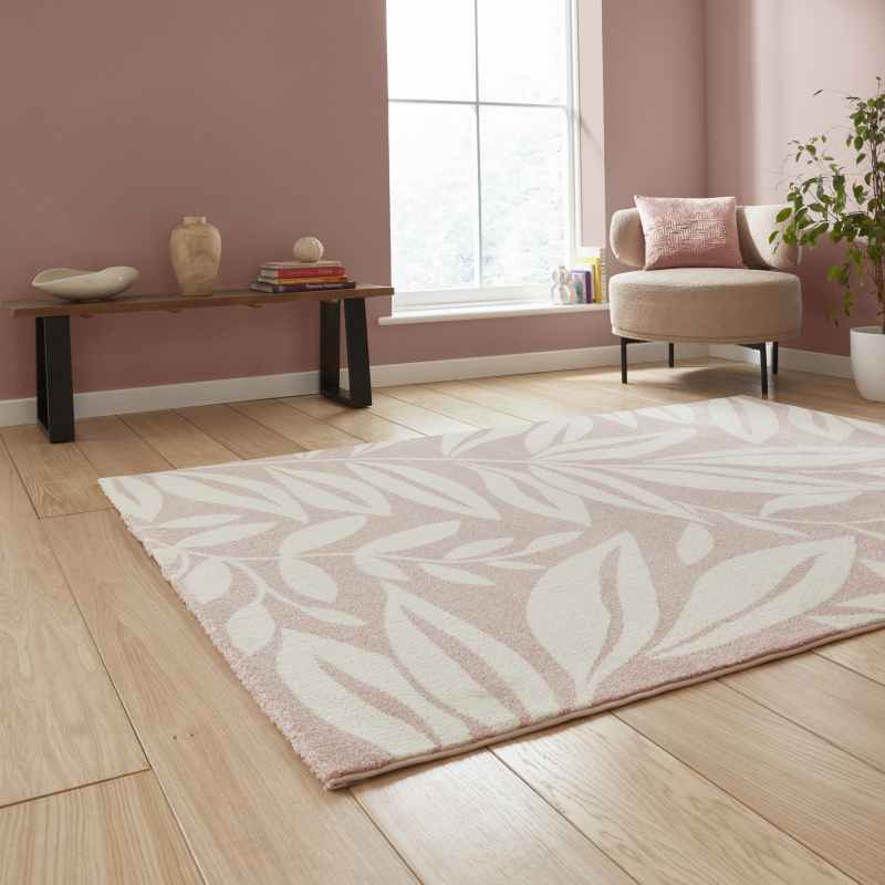 Sorral Leaves Modern Rugs by Catherine Lansfield in Rose Pink