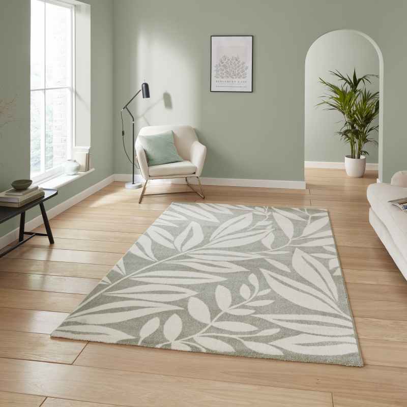 Sorral Leaves Modern Rugs by Catherine Lansfield in Sage Green