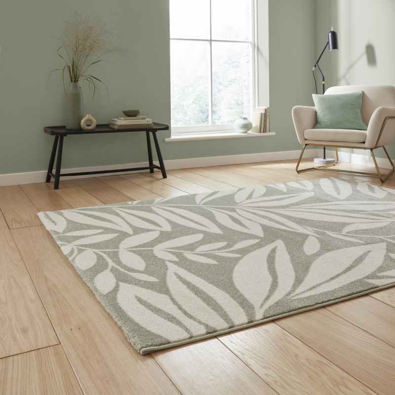 Sorral Leaves Modern Rugs by Catherine Lansfield in Sage Green