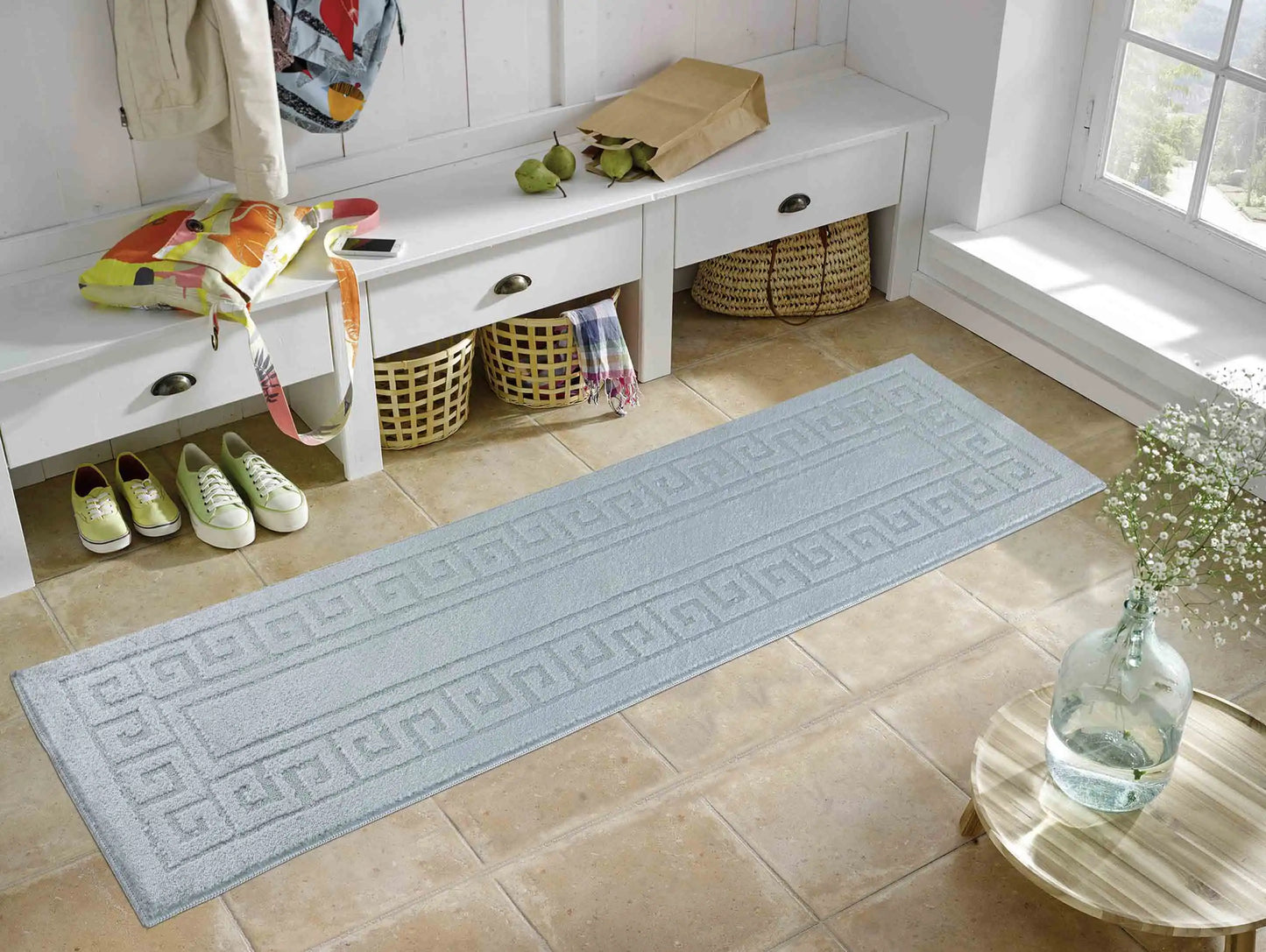 Washable 9mm Gel-Back Ivy Greek Key Dark Grey Rug