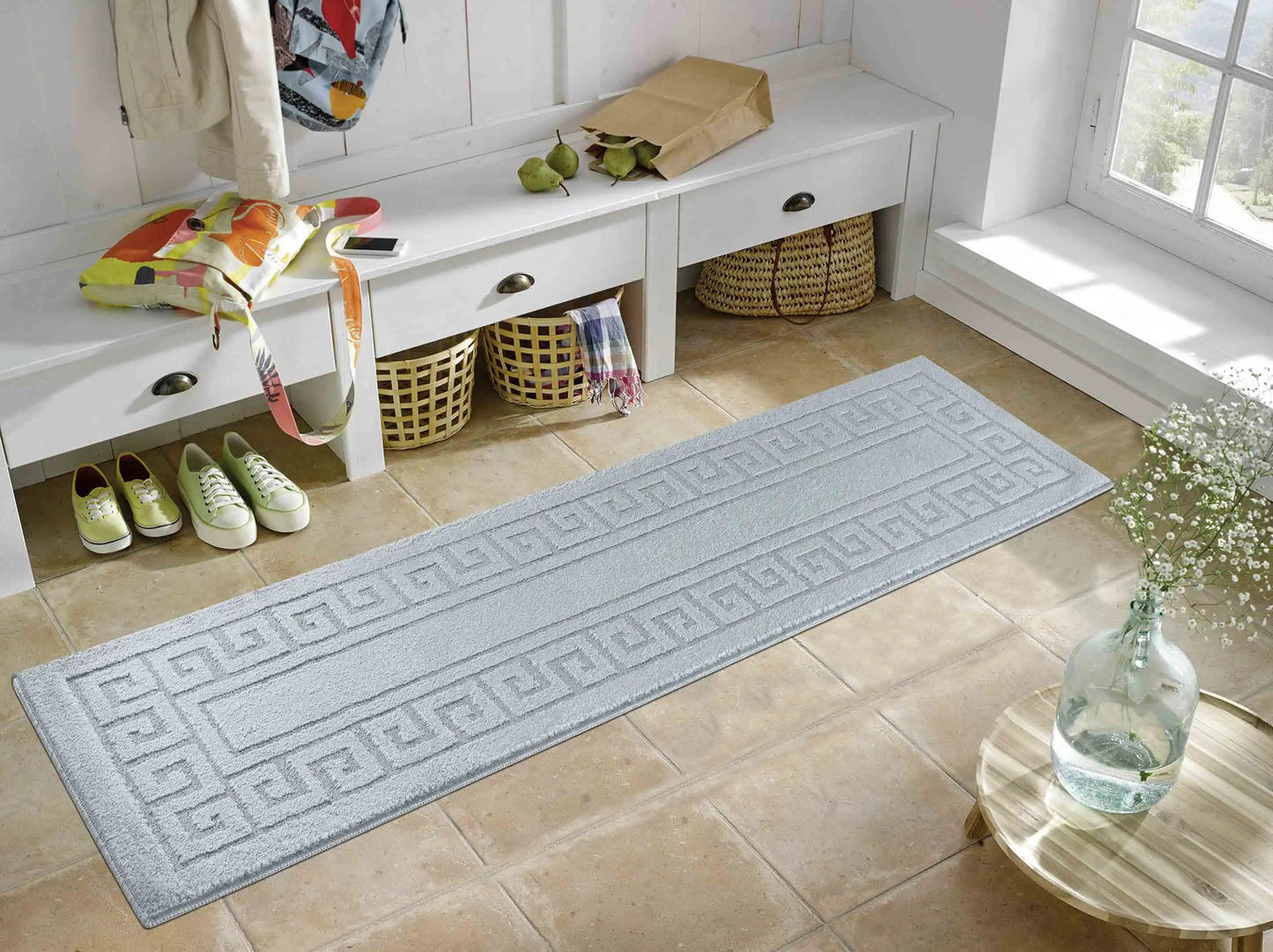 Washable 9mm Gel-Back Ivy Greek Key Silver Rug