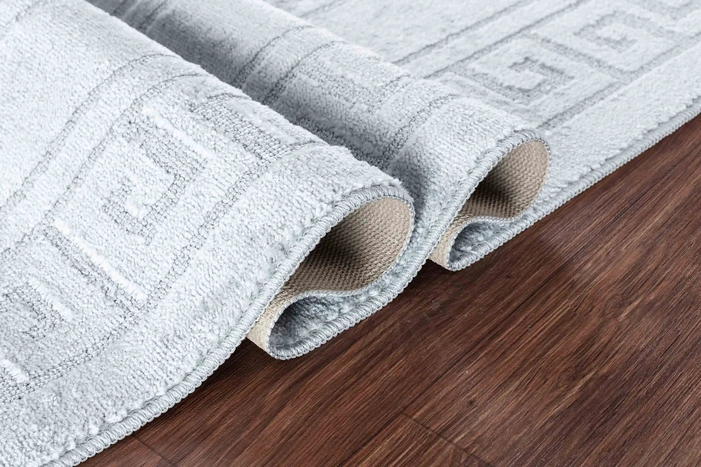 Washable 9mm Gel-Back Ivy Greek Key Silver Rug