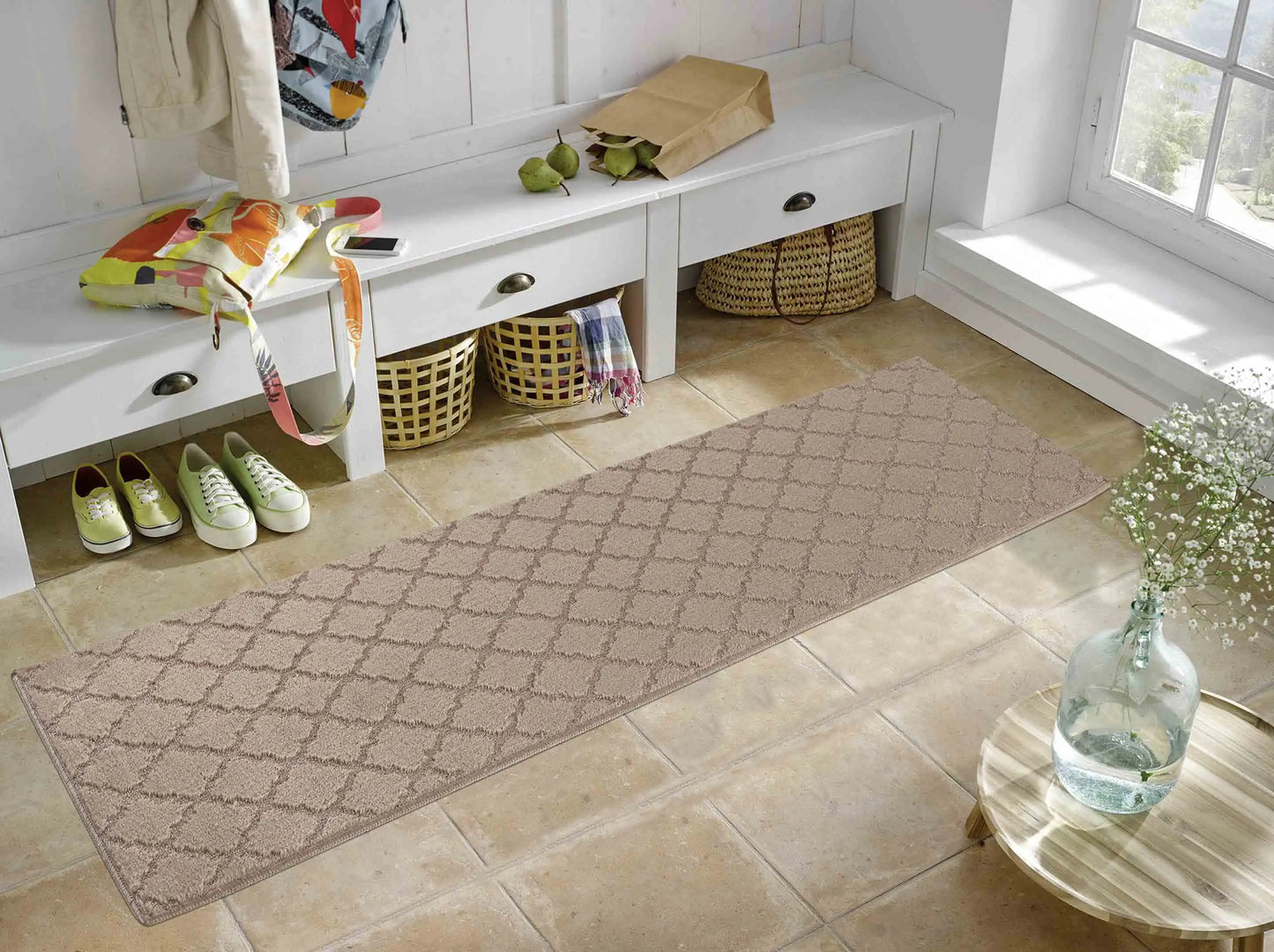 Washable 9mm Gel-Back Ivy Trellis Beige Rug