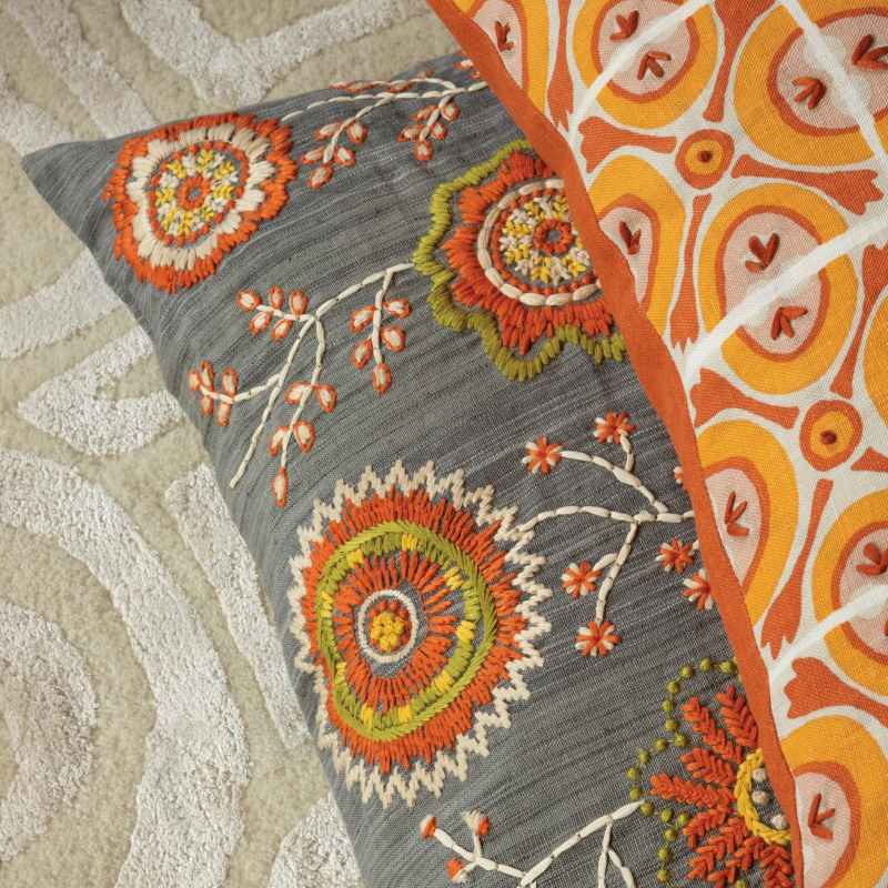 Arlington Floral Embroidered Cushion By William Yeoward in Spice Orange