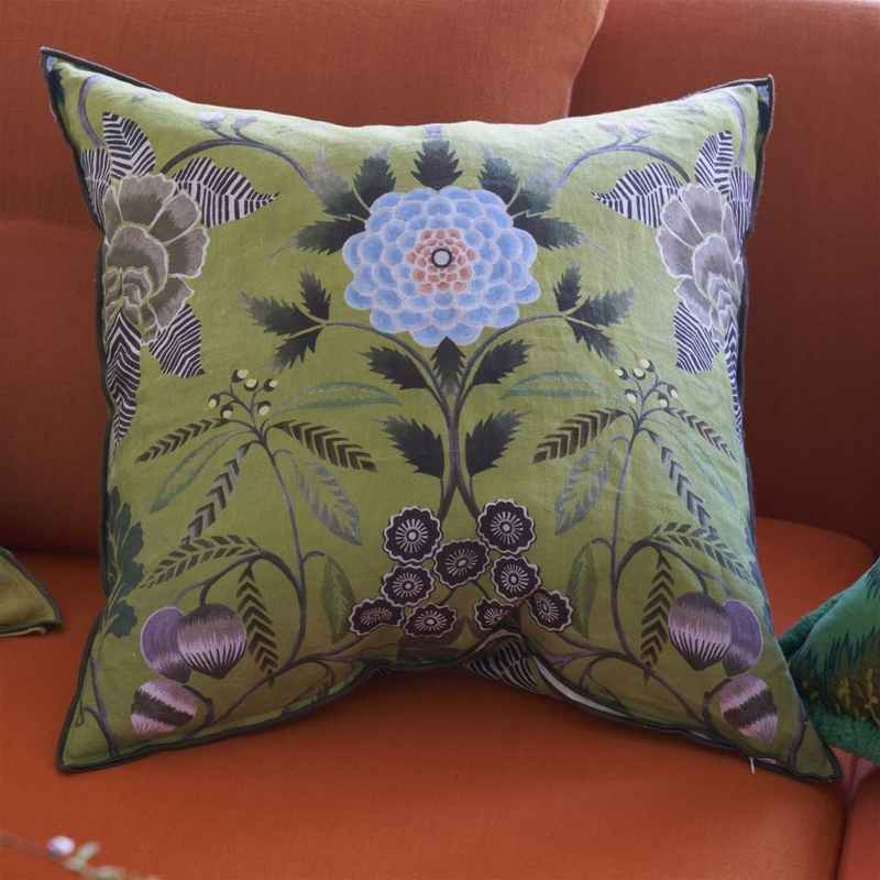 Brocart Decoratif Linen Cushion by Designers Guild in Moss Green