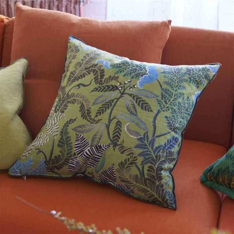 Brocart Decoratif Linen Cushion by Designers Guild in Moss Green