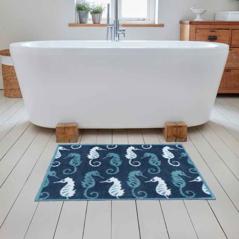 Bathroom Seahorse Washable Mats in Blue by Turtle Mat