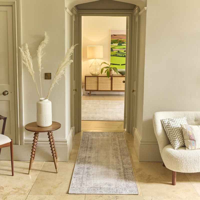 Brocade Border Eco Washable Modern Rugs by Hug Runner Rug in Grey