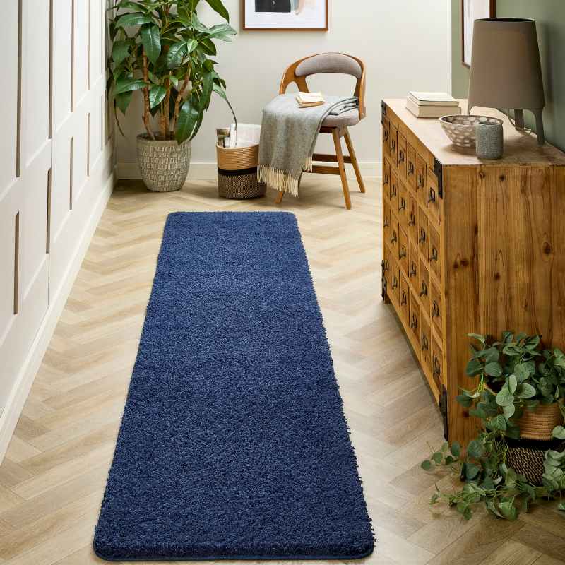Buddy Washable Hallway Runner Rugs in Midnight Blue