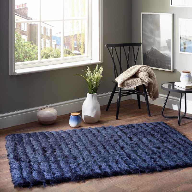 Carved Glamour Shaggy Rugs in Navy Blue By Origins
