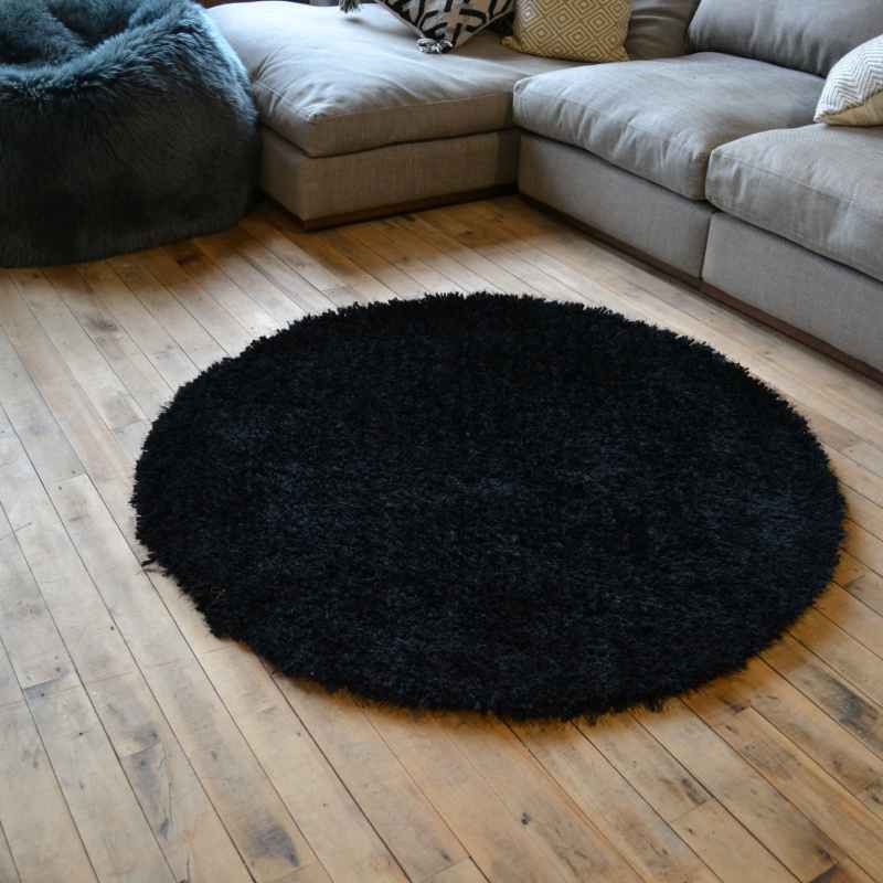 Chicago Circle Shaggy Plain Modern Rugs in Black