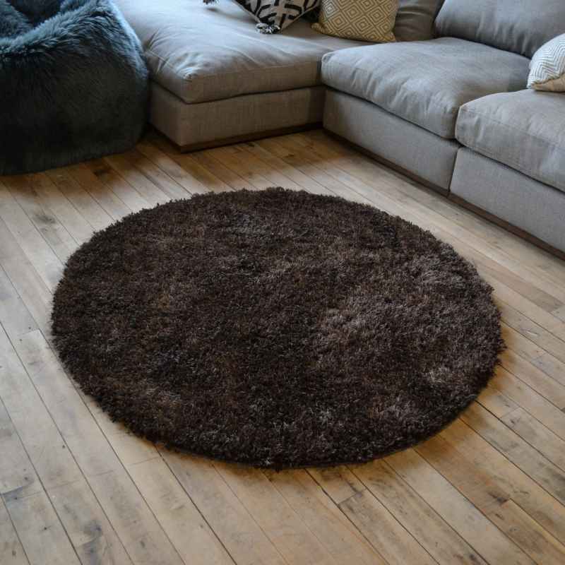 Chicago Circle Shaggy Plain Modern Rugs in Chocolate