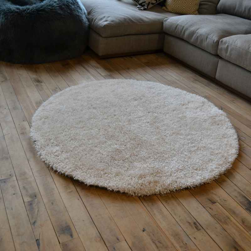 Chicago Circle Shaggy Plain Modern Rugs in Cream