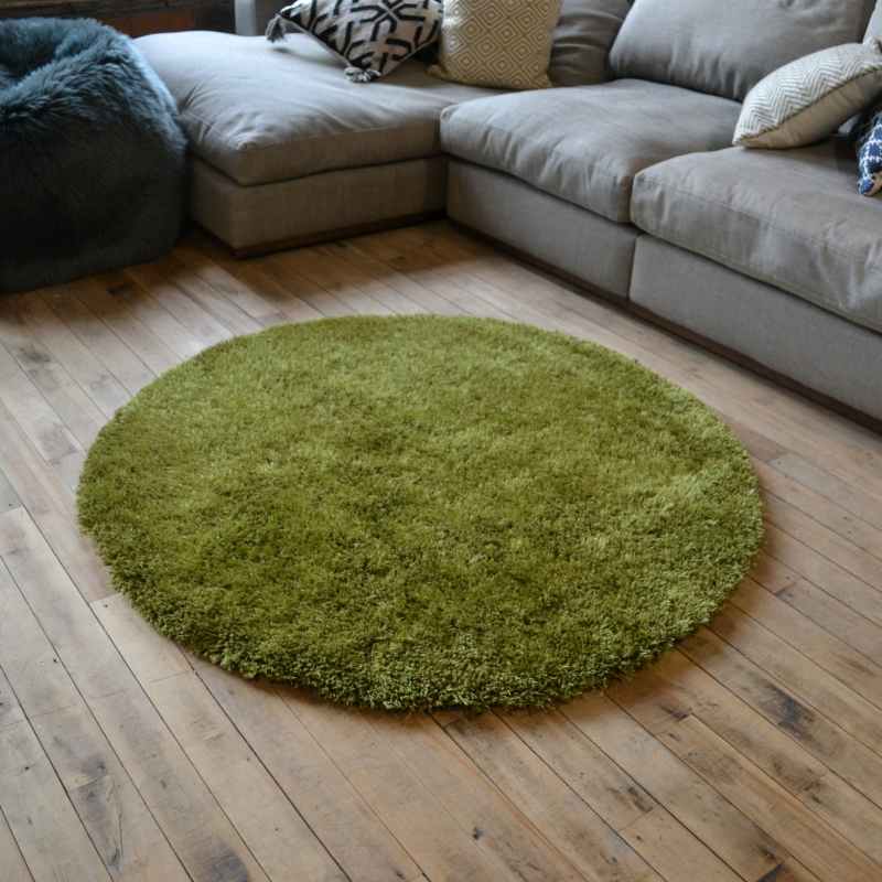 Chicago Circle Shaggy Plain Modern Rugs in Olive