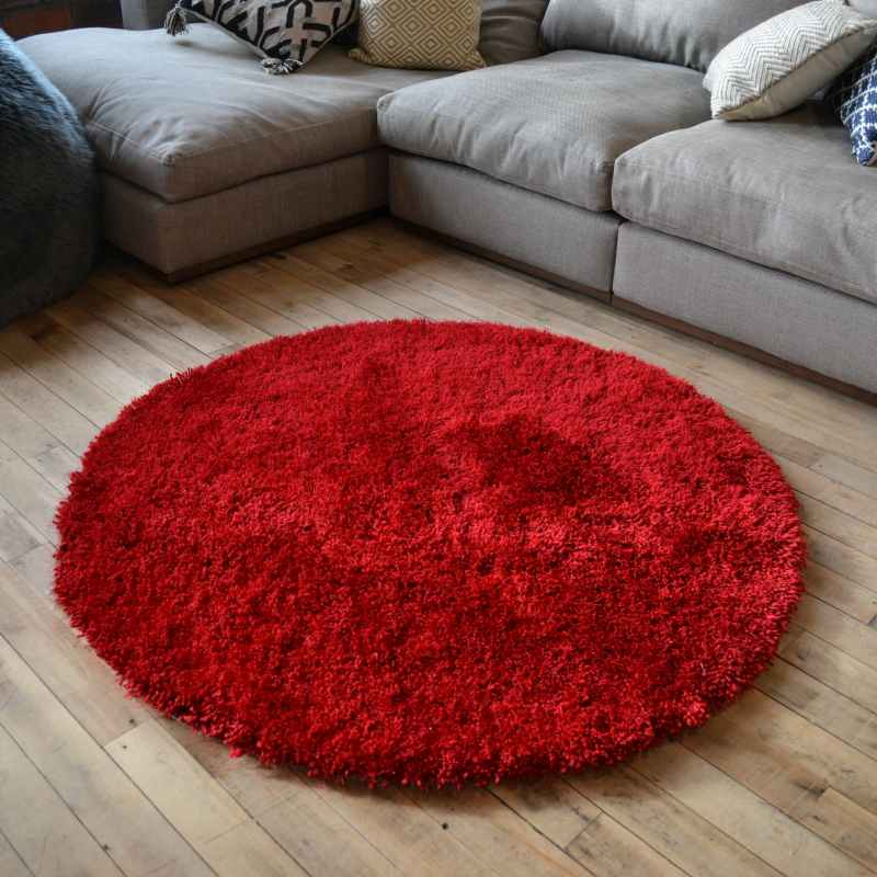 Chicago Circle Shaggy Plain Modern Rugs in Red