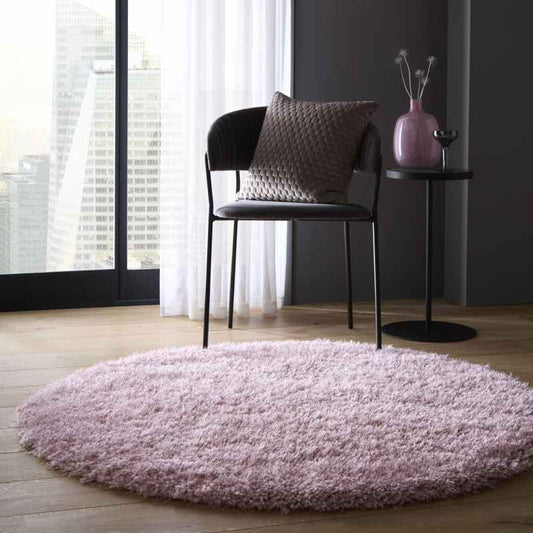 Chicago Circle Shaggy Plain Modern Rugs in Rose Pink