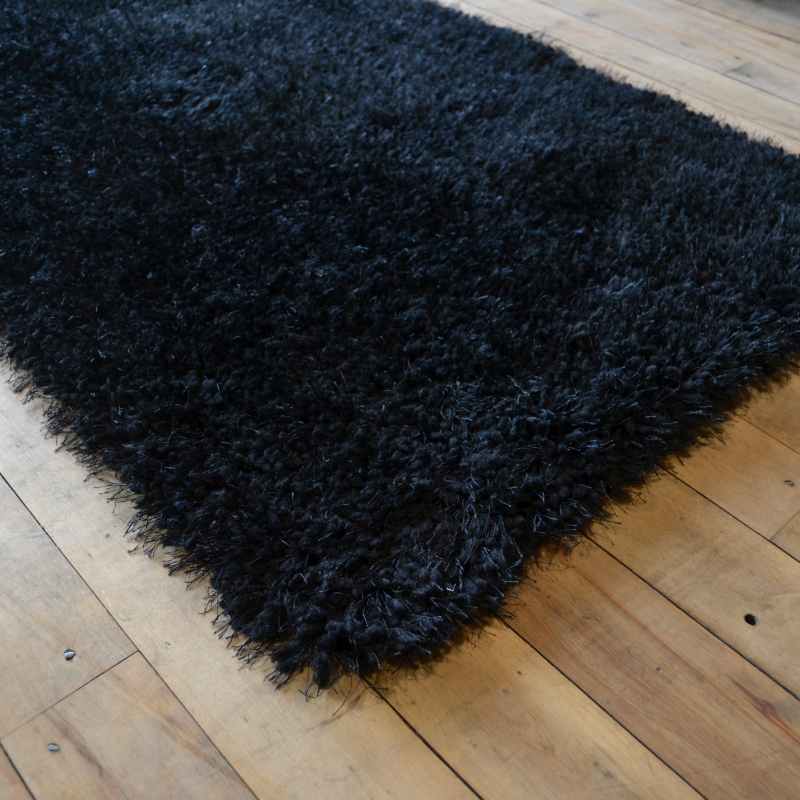 Chicago Shaggy Modern Plain Runner Rugs in Black