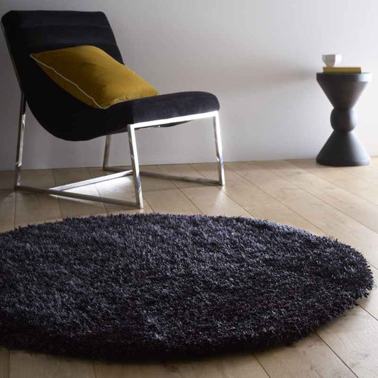 Chicago Circle Shaggy Plain Modern Rugs in Black