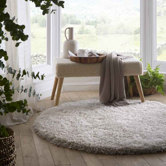 Chicago Circle Shaggy Plain Modern Rugs in Cream