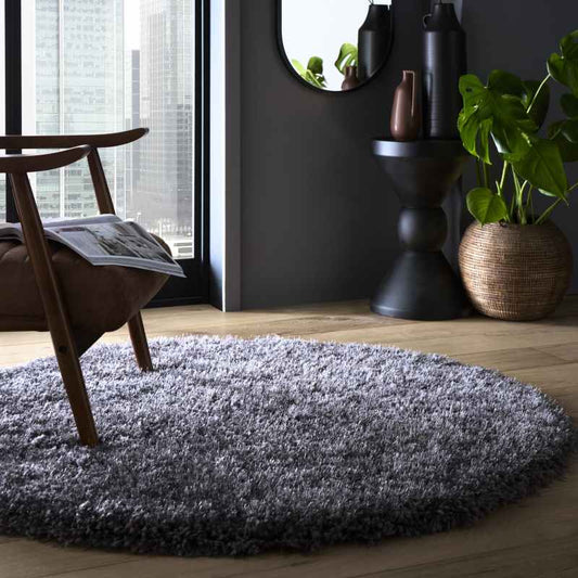 Chicago Circle Shaggy Plain Modern Rugs in New Grey