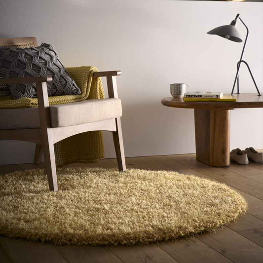 Chicago Circle Shaggy Plain Modern Rugs in Yellow Ochre
