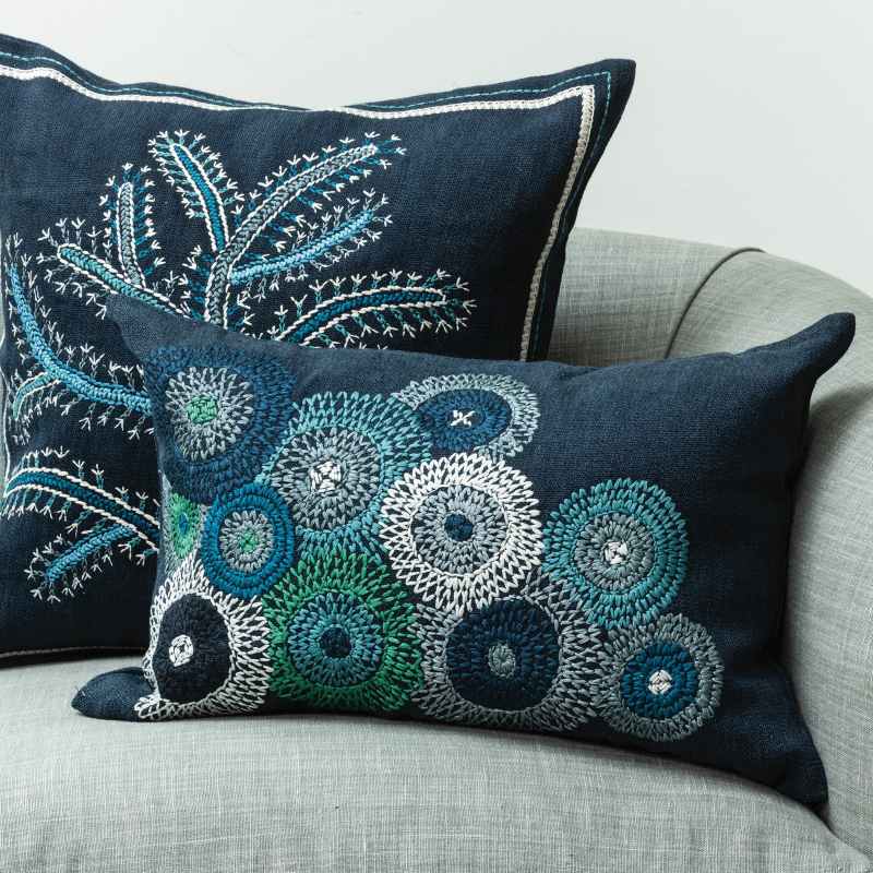 Fiorela Embroidered Stem Cushion By William Yeoward in Indigo Blue