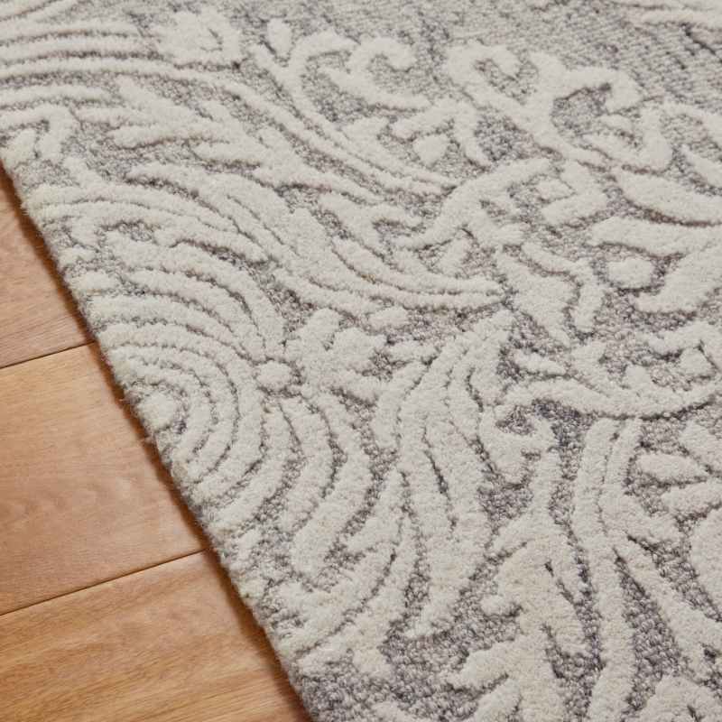 Hampton Damask Hand Tufted Wool Rug in Grey Ivory