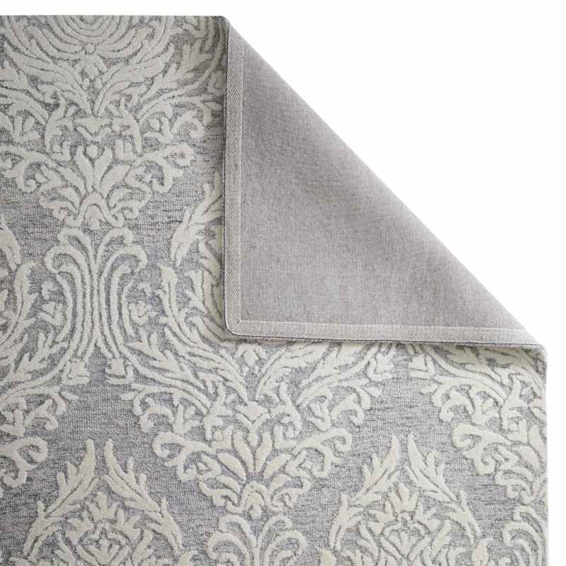 Hampton Damask Hand Tufted Wool Rug in Grey Ivory