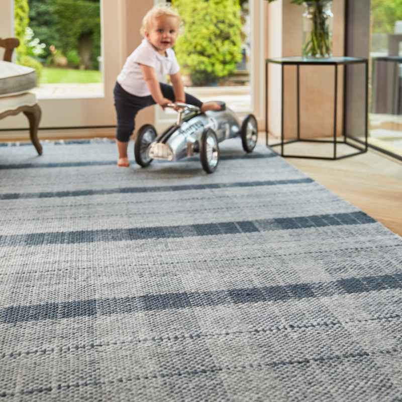 Highland Check Tartan Recycled Rugs in Navy Blue