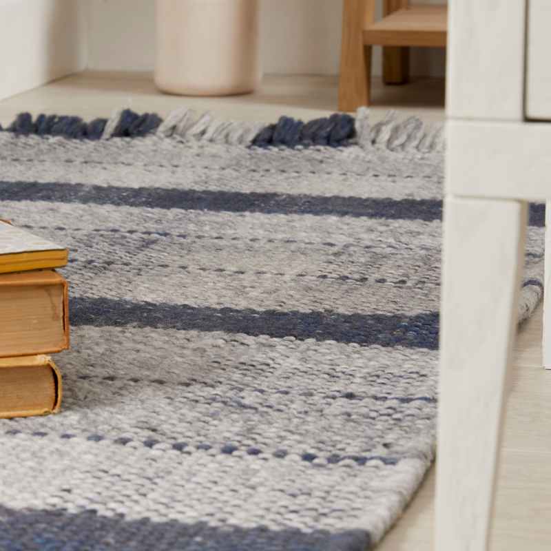 Highland Check Tartan Recycled Runner Rugs in Navy Blue