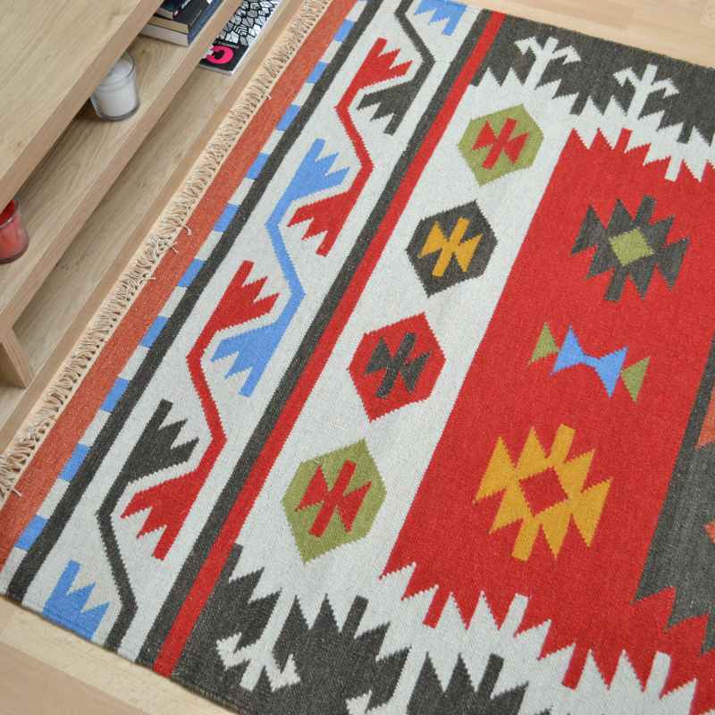 Hippie Kelim 02 Traditional Tribal Red White Multi Wool Rugs