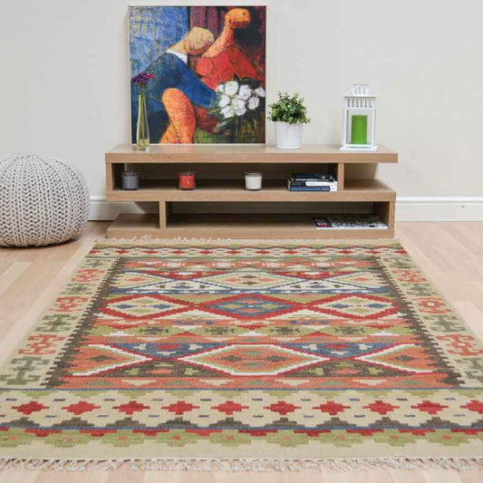 Hippie Kelim 06 Traditional Tribal Green Cream Multi Wool Rugs