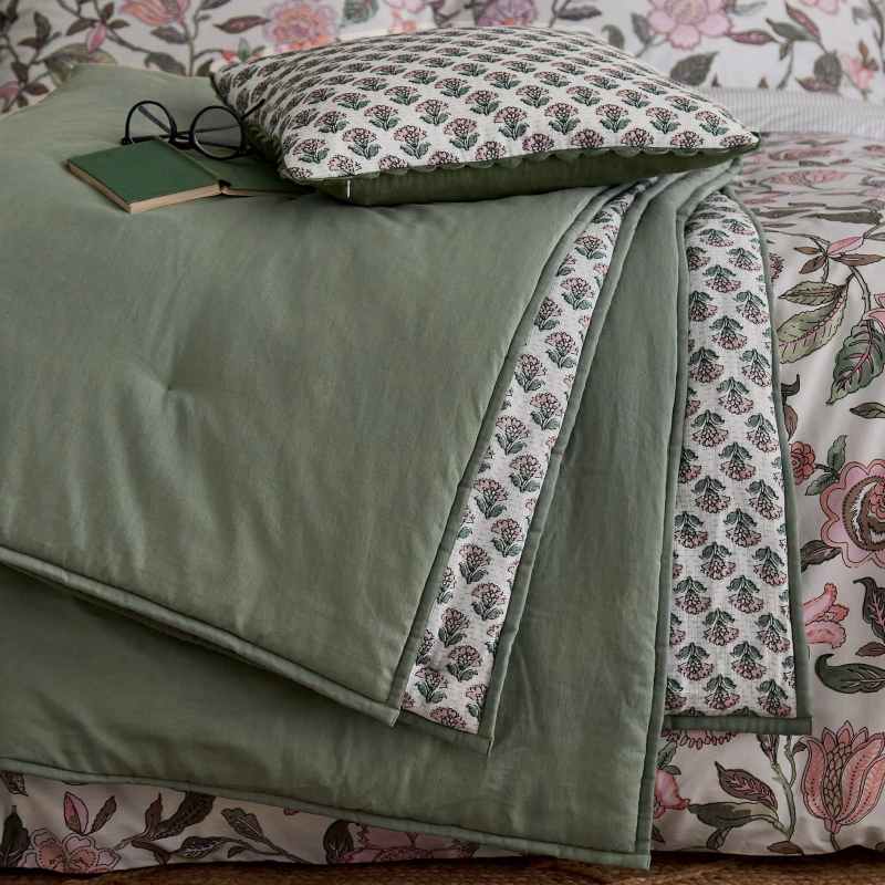 Indienne Blockprint Throw by Joules in Khaki Green