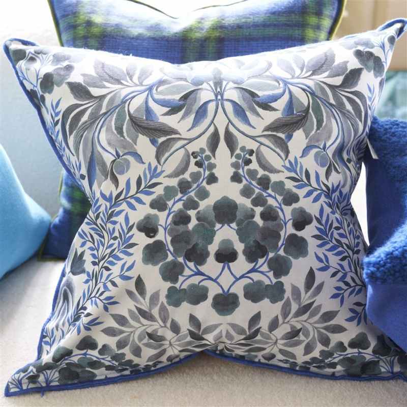Ikebana Damask Cushion by Designers Guild in Slate Blue