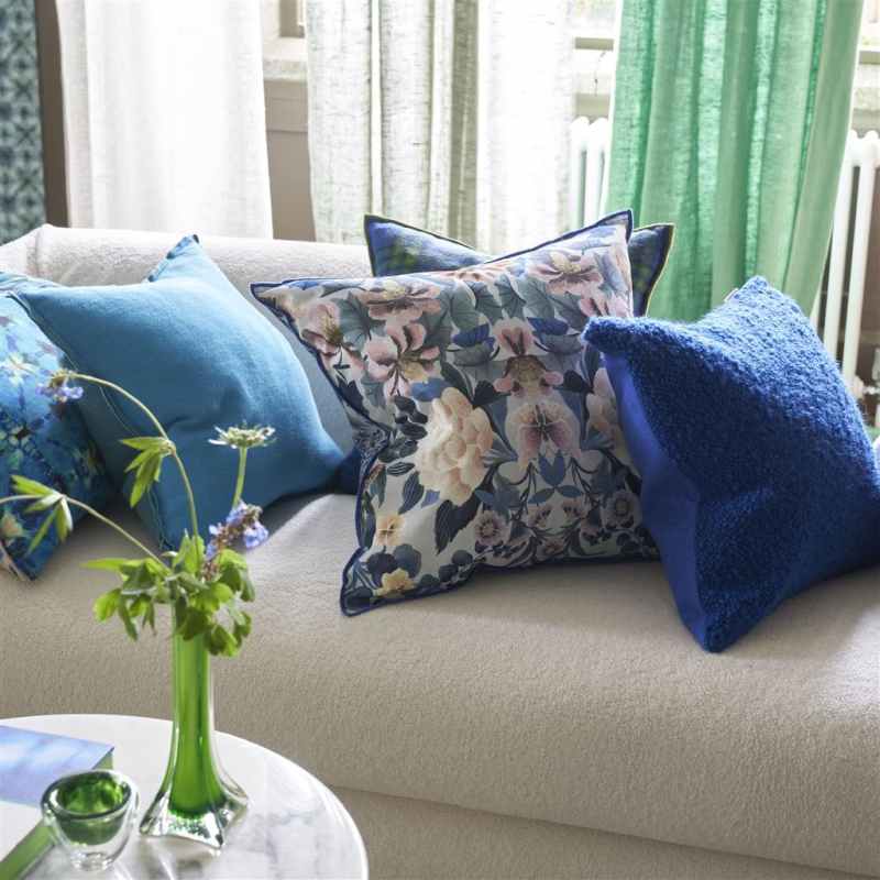 Ikebana Damask Cushion by Designers Guild in Slate Blue
