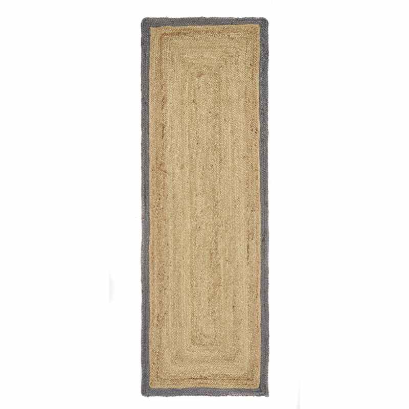 Jute Bordered Natural Plain Runner Rugs in Grey