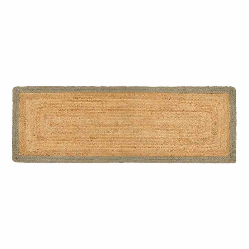 Jute Bordered Natural Plain Runner Rugs in Sage Green