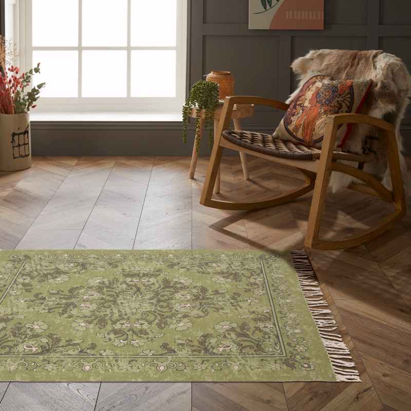 Kew Persian Floral Indoor Outdoor Rugs in Olive Green