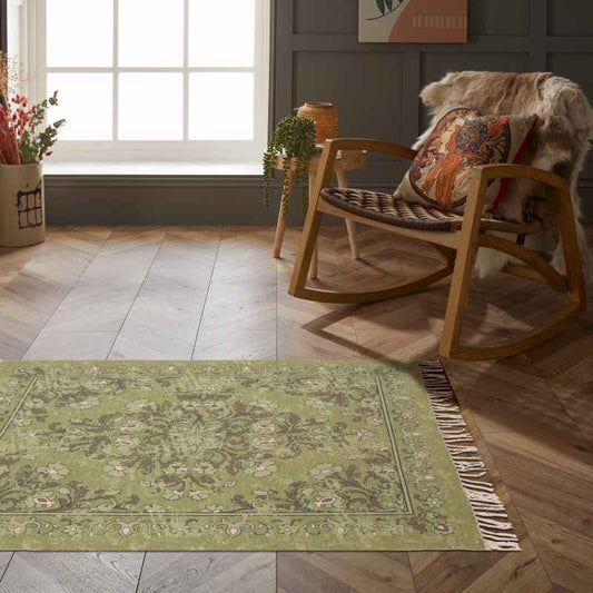 Kew Persian Floral Indoor Outdoor Rugs in Olive Green