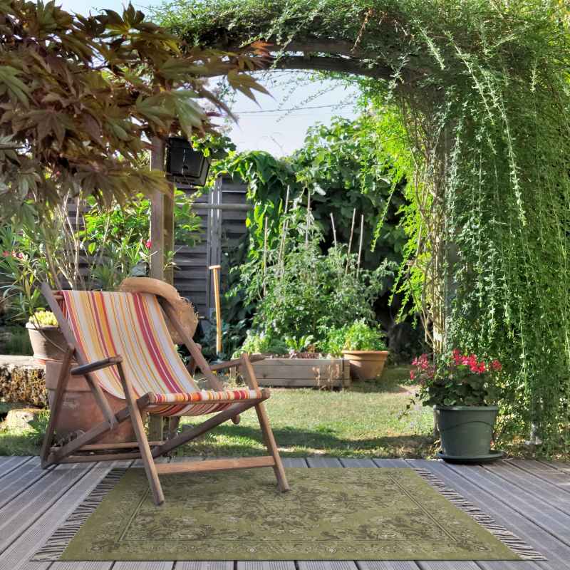 Kew Persian Floral Indoor Outdoor Rugs in Olive Green