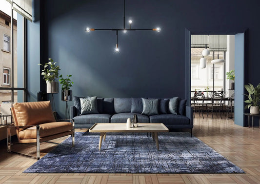Asiatic kuza abstract navy Blue, Navy Living Room  Rug.