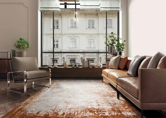 Asiatic kuza border terracotta Orange Living Room  Rug.