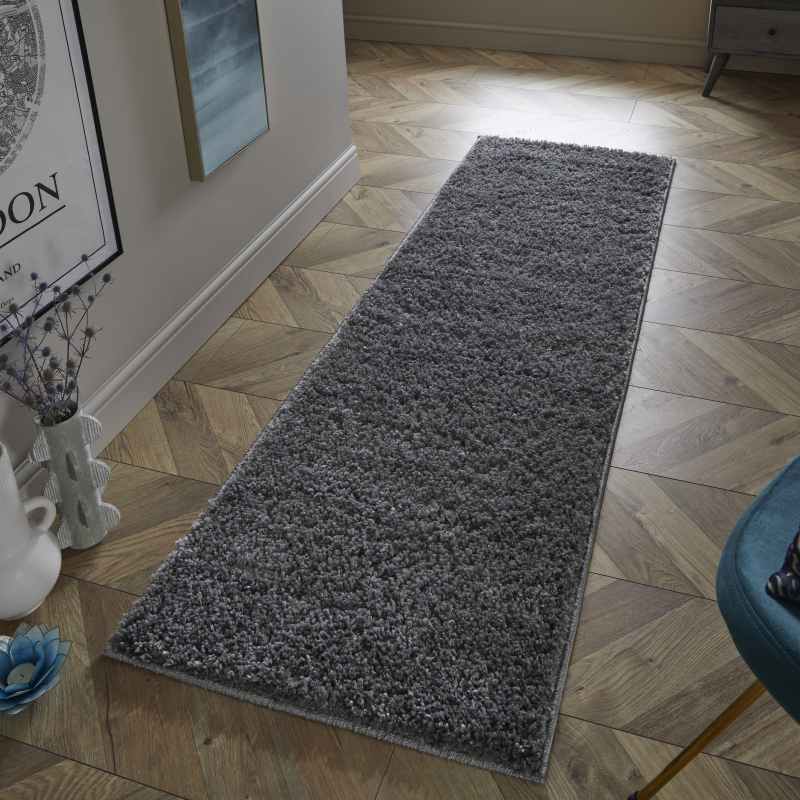 Larissa Washable Plain Shaggy Runner Rug in Charcoal Grey