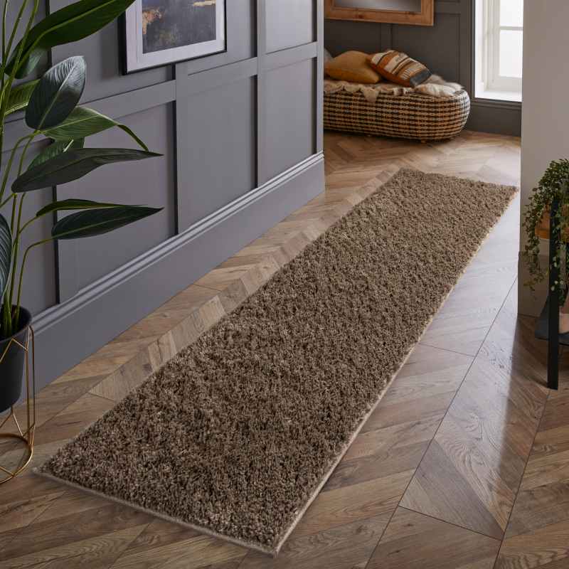 Larissa Washable Plain Shaggy Runner Rug in Chocolate Brown
