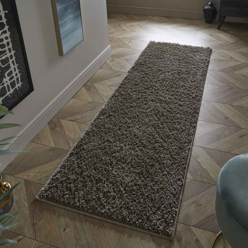 Larissa Washable Plain Shaggy Runner Rug in Chocolate Brown