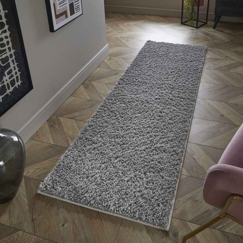 Larissa Washable Plain Shaggy Runner Rug in Ghost Grey