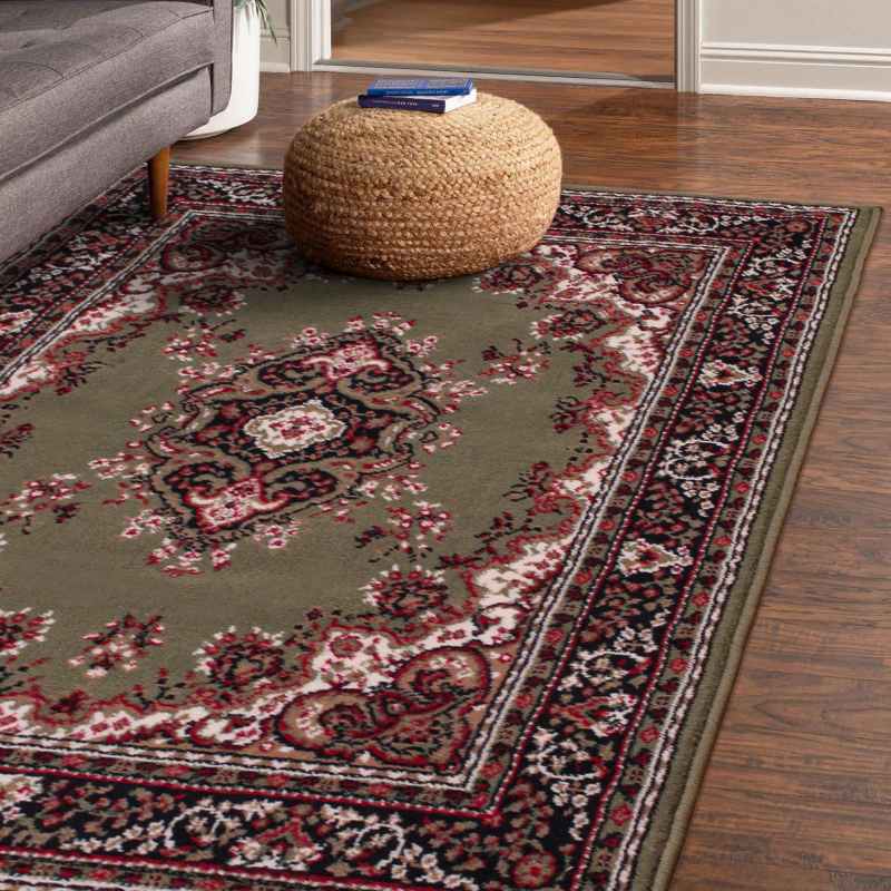 Traditional Poly Lancashire Medallion Border Rugs in Green