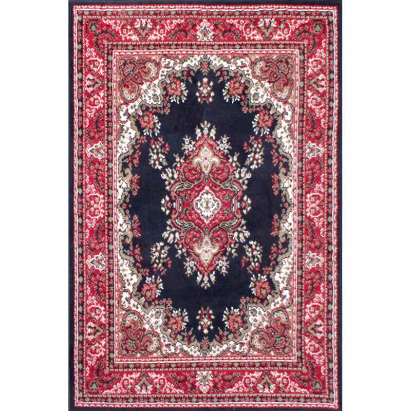 Traditional Poly Lancashire Medallion Border Rugs in Navy Blue
